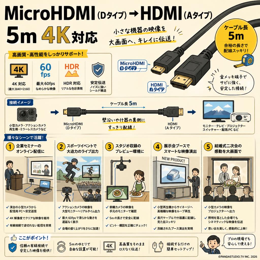 MicroHDMI（Dタイプ）→HDMI（Aタイプ） 5m 4K対応 用途