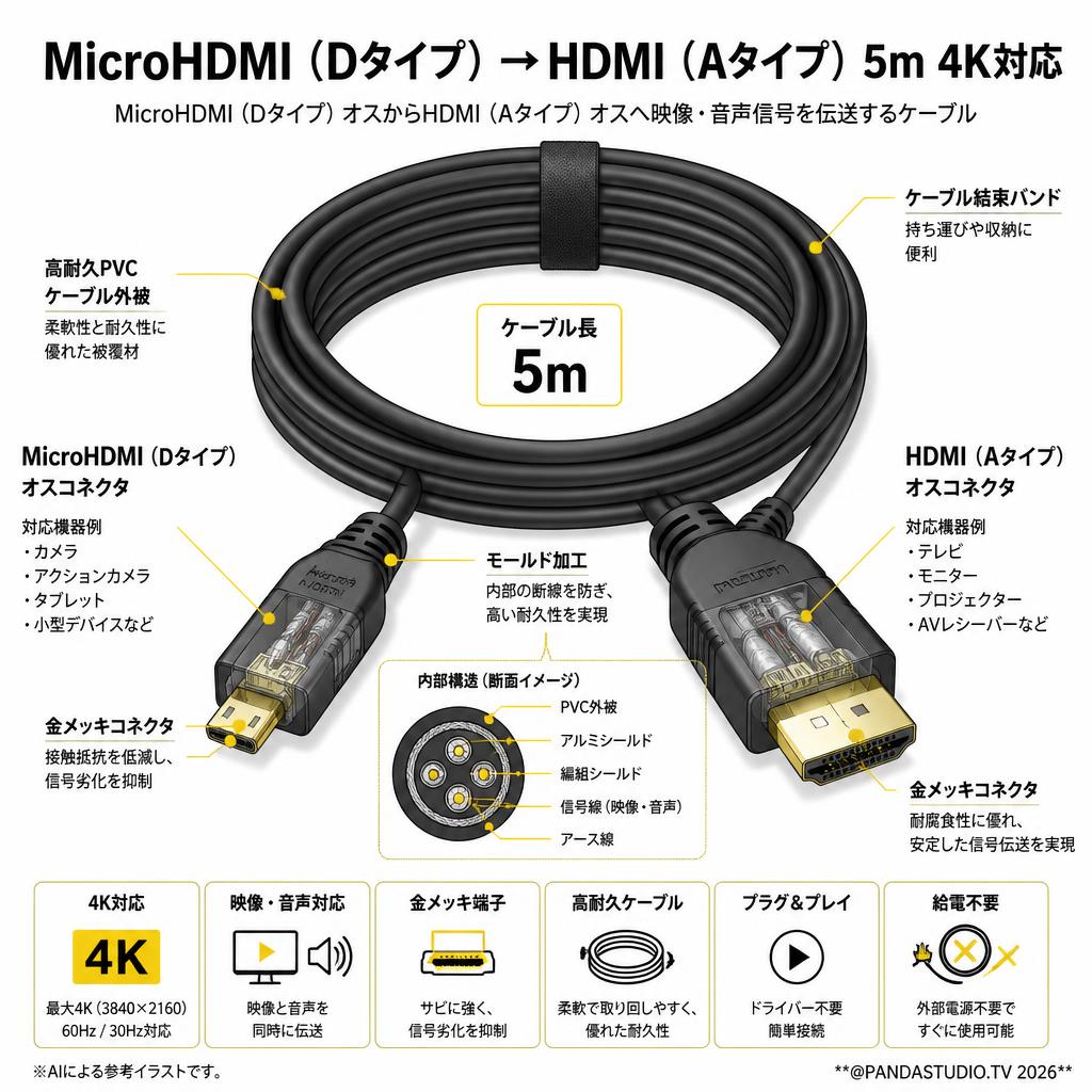 MicroHDMI（Dタイプ）→HDMI（Aタイプ） 5m 4K対応 スペック