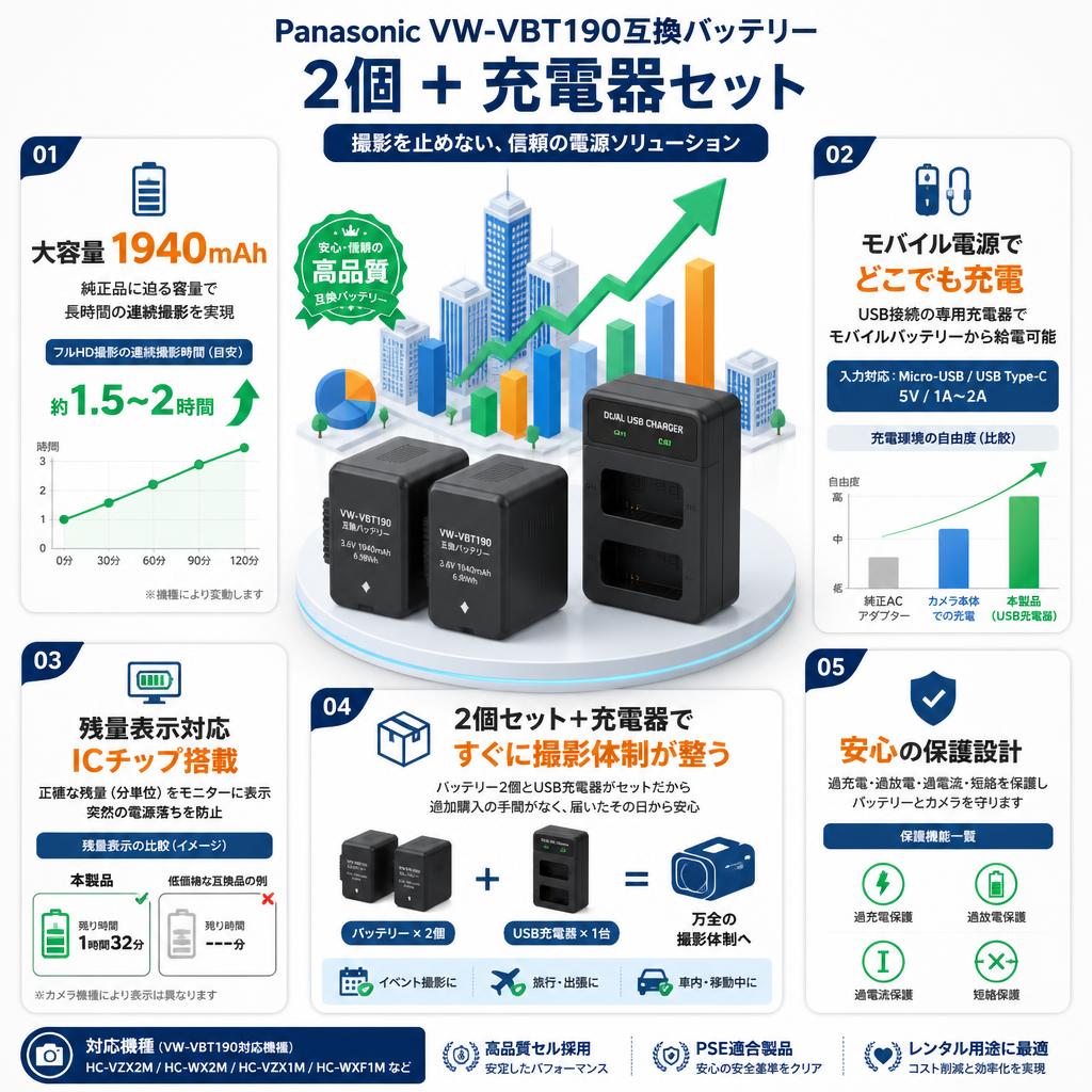 Panasonic VW-VBT190互換バッテリー 2個 + 充電器 セールスポイント