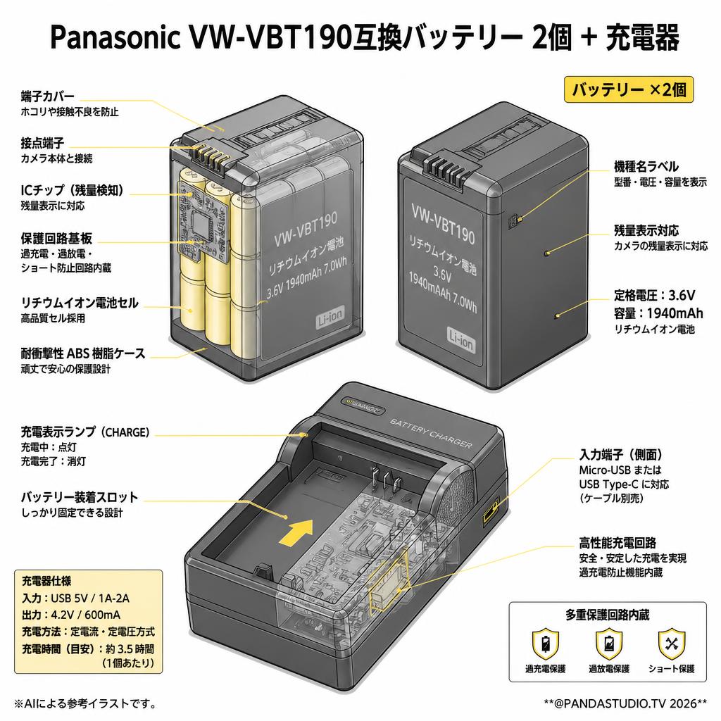 Panasonic VW-VBT190互換バッテリー 2個 + 充電器 スペック