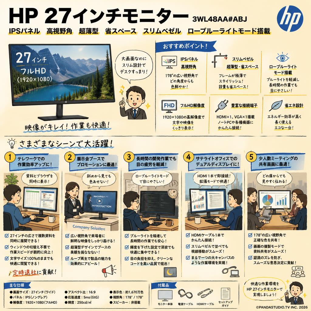 HP 27インチモニター IPSパネル 高視野角 超薄型 省スペース スリムベゼル ローブルーライトモード搭載　3WL48AA#ABJ 用途