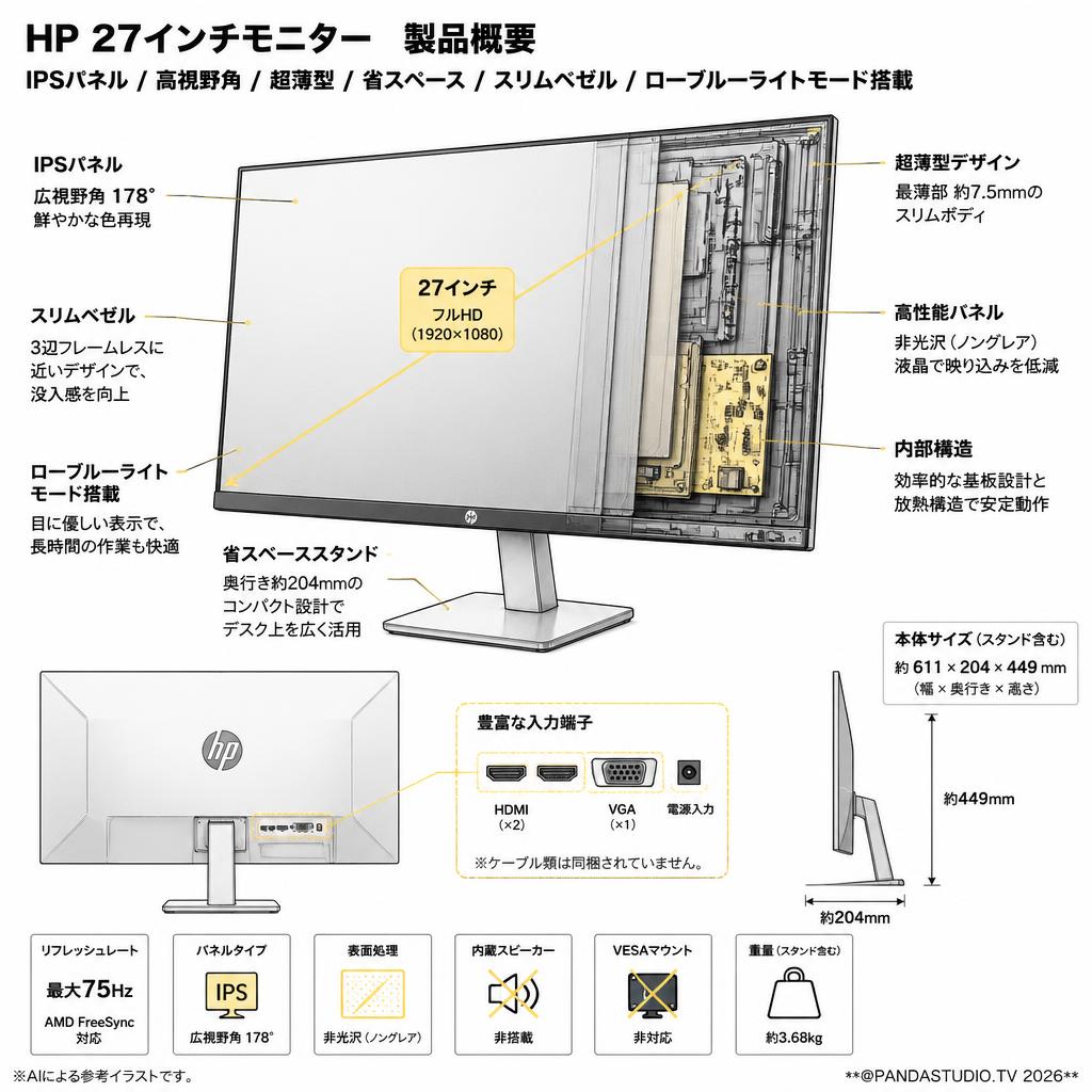 HP 27インチモニター IPSパネル 高視野角 超薄型 省スペース スリムベゼル ローブルーライトモード搭載　3WL48AA#ABJ スペック