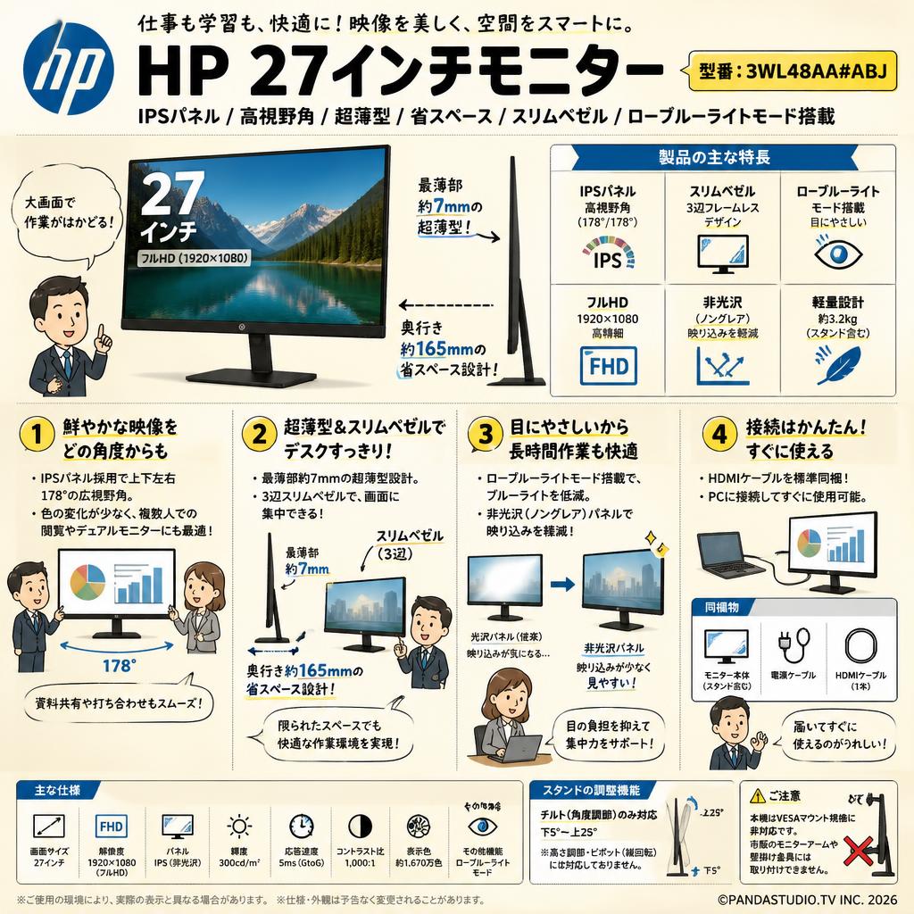 HP 27インチモニター IPSパネル 高視野角 超薄型 省スペース スリムベゼル ローブルーライトモード搭載　3WL48AA#ABJ FAQ（よくある質問と答え）