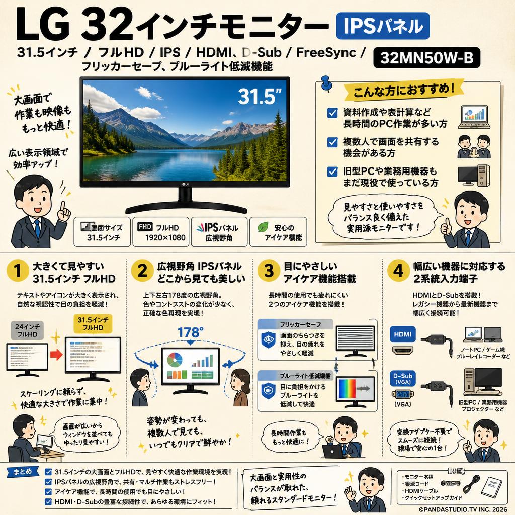 LG 32インチモニター IPSパネル 31.5インチ/フルHD/IPS/HDMI、D-Sub/FreeSync/フリッカーセーフ、ブルーライト低減機能 32MN50W-B 概要