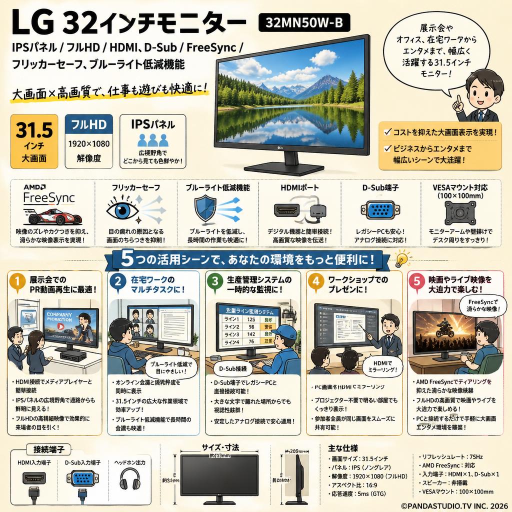 LG 32インチモニター IPSパネル 31.5インチ/フルHD/IPS/HDMI、D-Sub/FreeSync/フリッカーセーフ、ブルーライト低減機能 32MN50W-B 用途