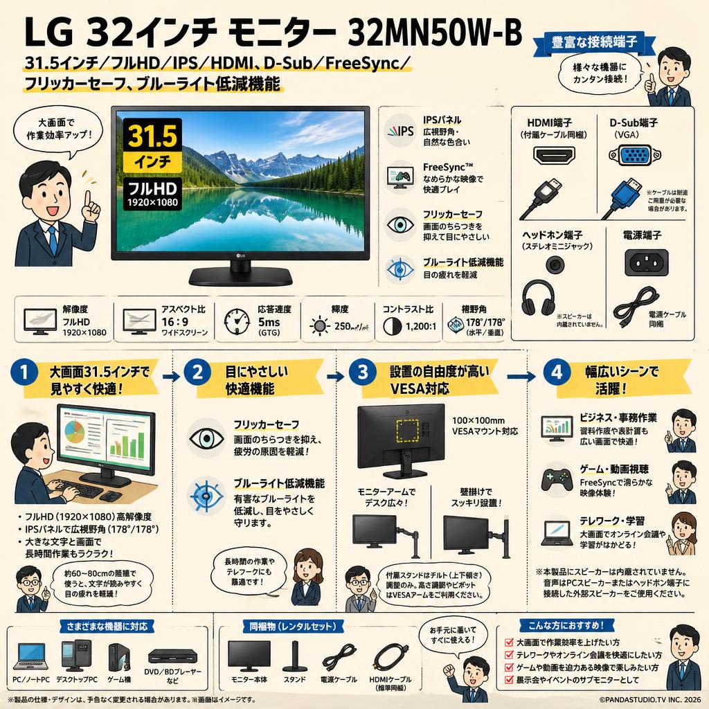 LG 32インチモニター IPSパネル 31.5インチ/フルHD/IPS/HDMI、D-Sub/FreeSync/フリッカーセーフ、ブルーライト低減機能 32MN50W-B FAQ（よくある質問と答え）
