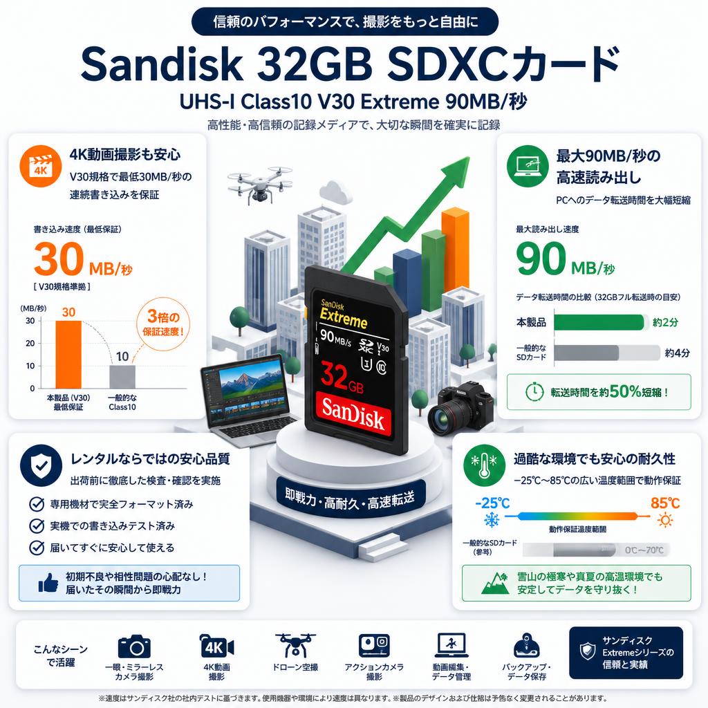 Sandisk 32GB UHS-I Class10 V30 Extreme 90MB/s SDXCカード セールスポイント