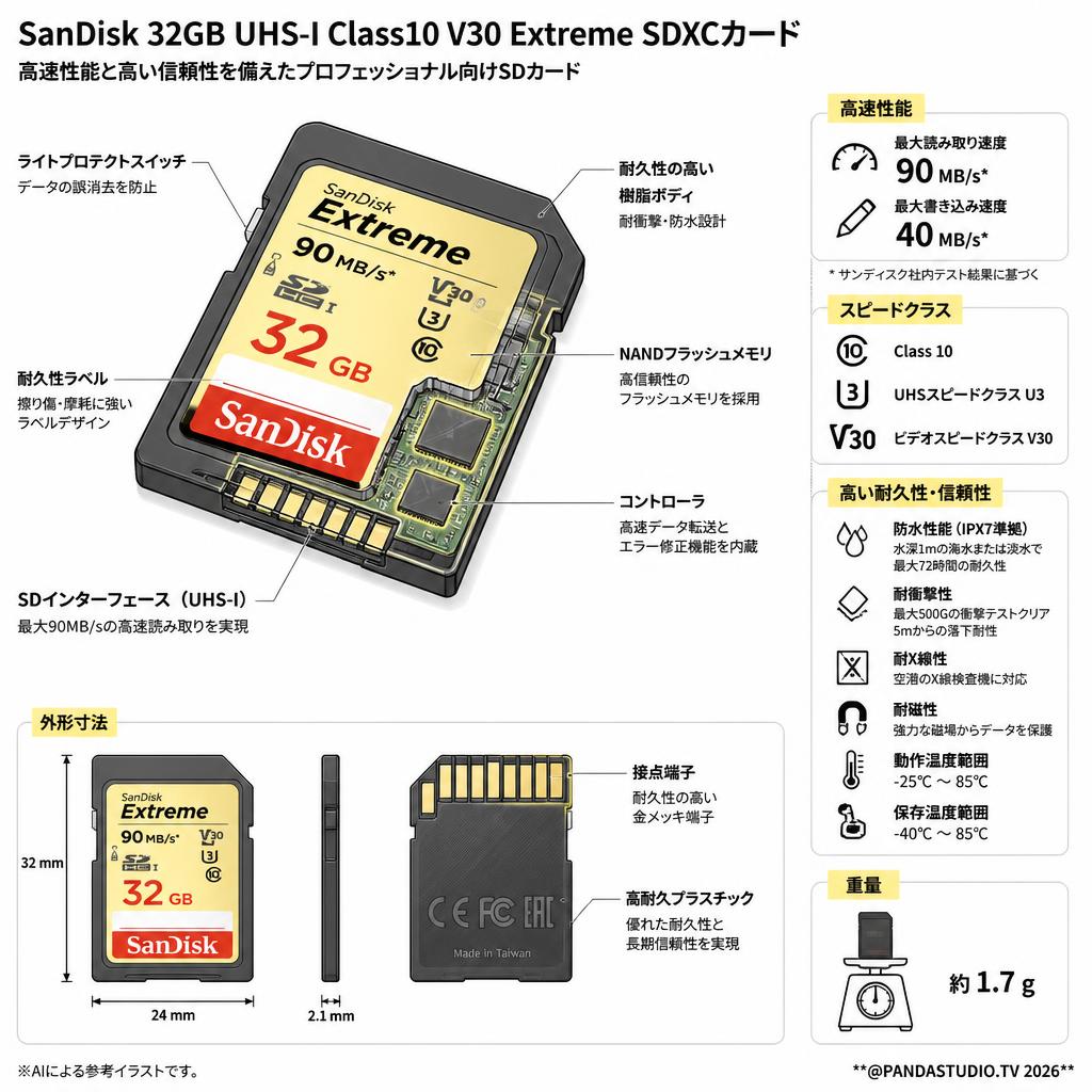 Sandisk 32GB UHS-I Class10 V30 Extreme 90MB/s SDXCカード スペック