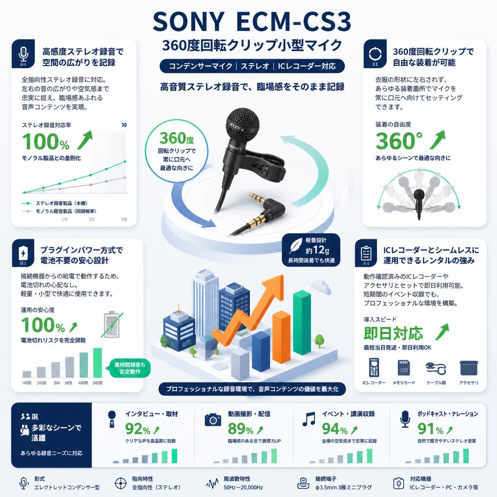 SONY  ECM-CS3 360度回転クリップ小型マイク コンデンサーマイク ステレオ/ICレコーダー セールスポイント
