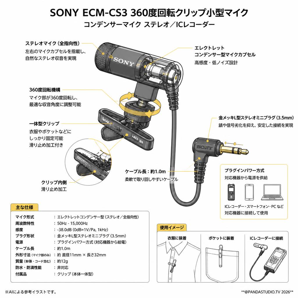 SONY  ECM-CS3 360度回転クリップ小型マイク コンデンサーマイク ステレオ/ICレコーダー スペック