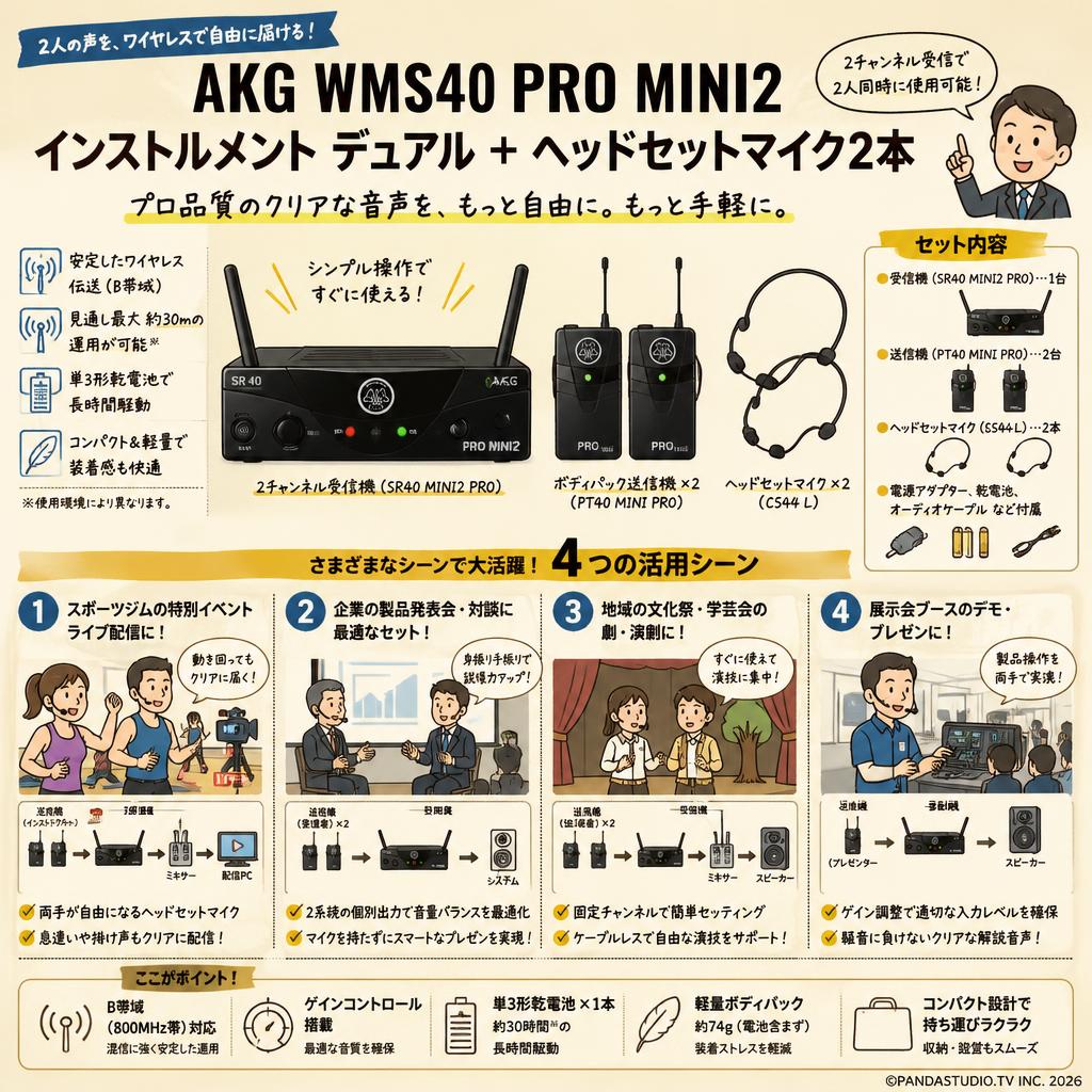 AKG WMS40 PRO MINI2 インストルメント デュアル ＋ ヘッドセットマイク2本 用途