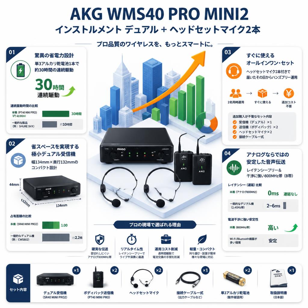 AKG WMS40 PRO MINI2 インストルメント デュアル ＋ ヘッドセットマイク2本 セールスポイント