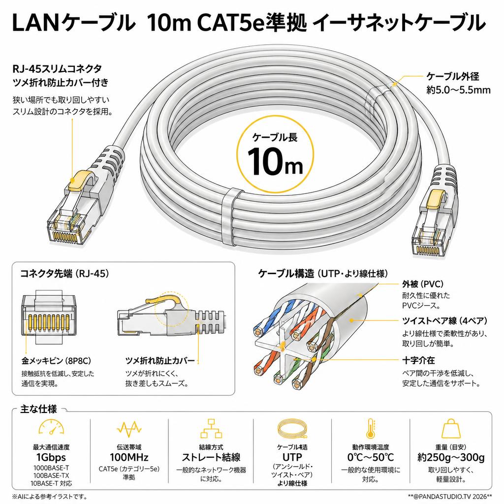 LANケーブル 10m CAT5e準拠 イーサネットケーブル スペック