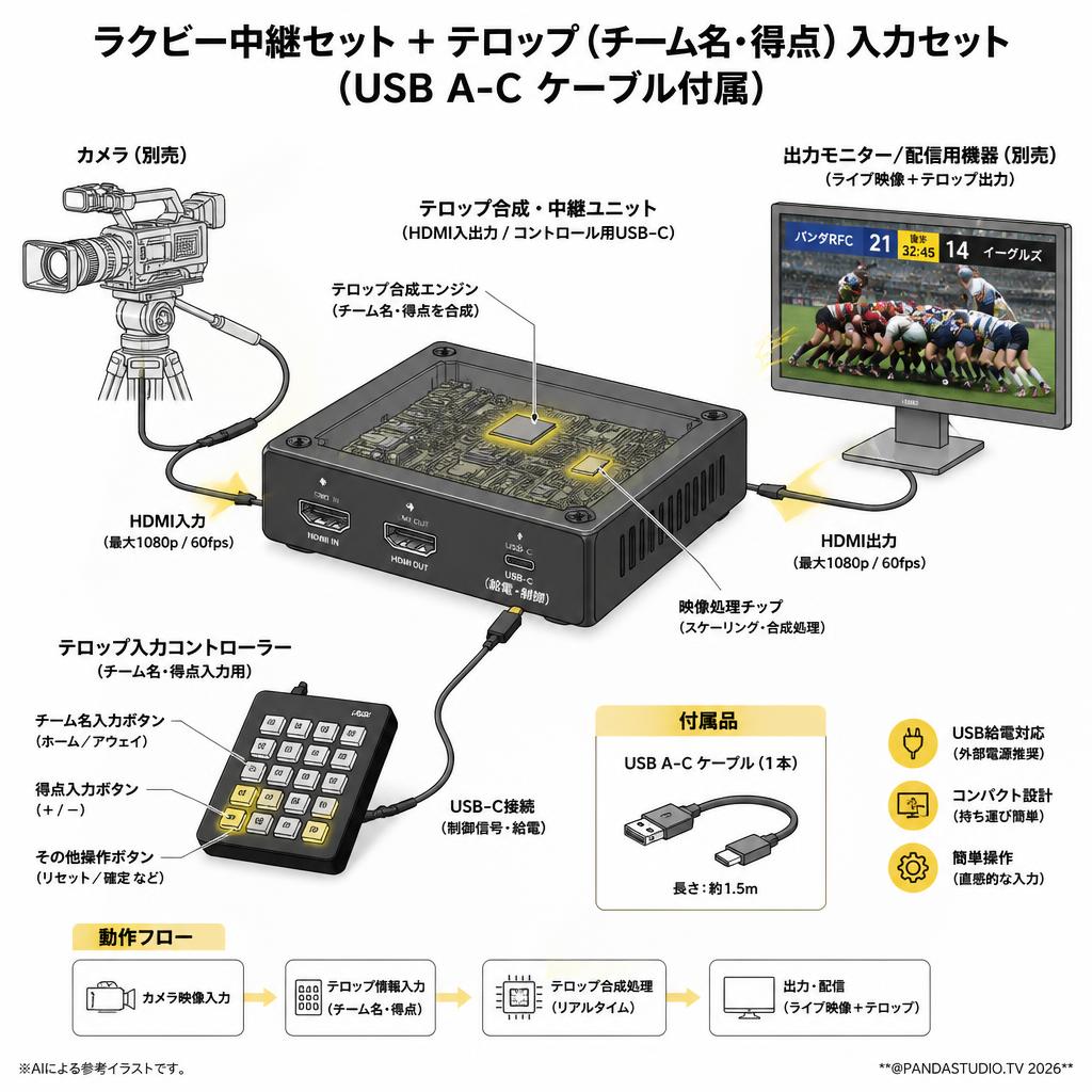 ラクビー中継セット ＋テロップ（チーム名・得点）入力セット（USB A-C ケーブル付属） スペック