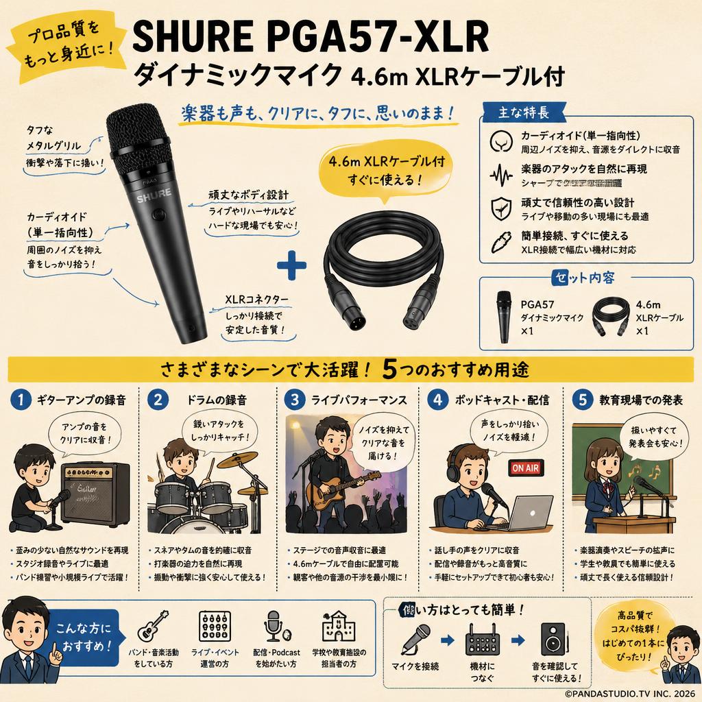 SHURE PGA57-XLR ダイナミックマイク 4.6m XLRケーブル付 用途