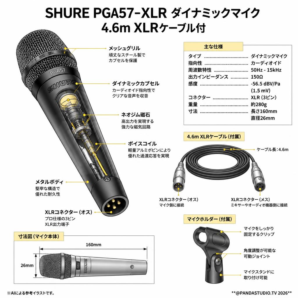 SHURE PGA57-XLR ダイナミックマイク 4.6m XLRケーブル付 スペック