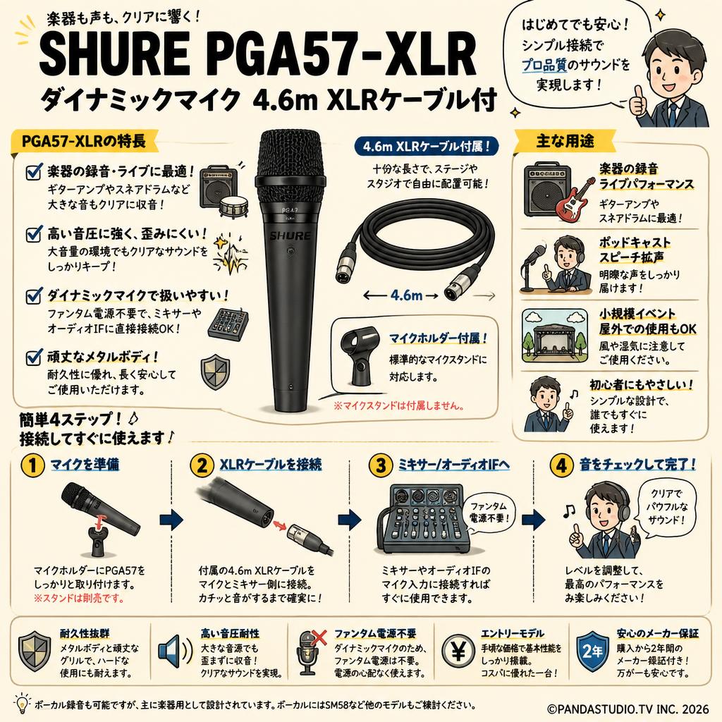 SHURE PGA57-XLR ダイナミックマイク 4.6m XLRケーブル付 FAQ（よくある質問と答え）