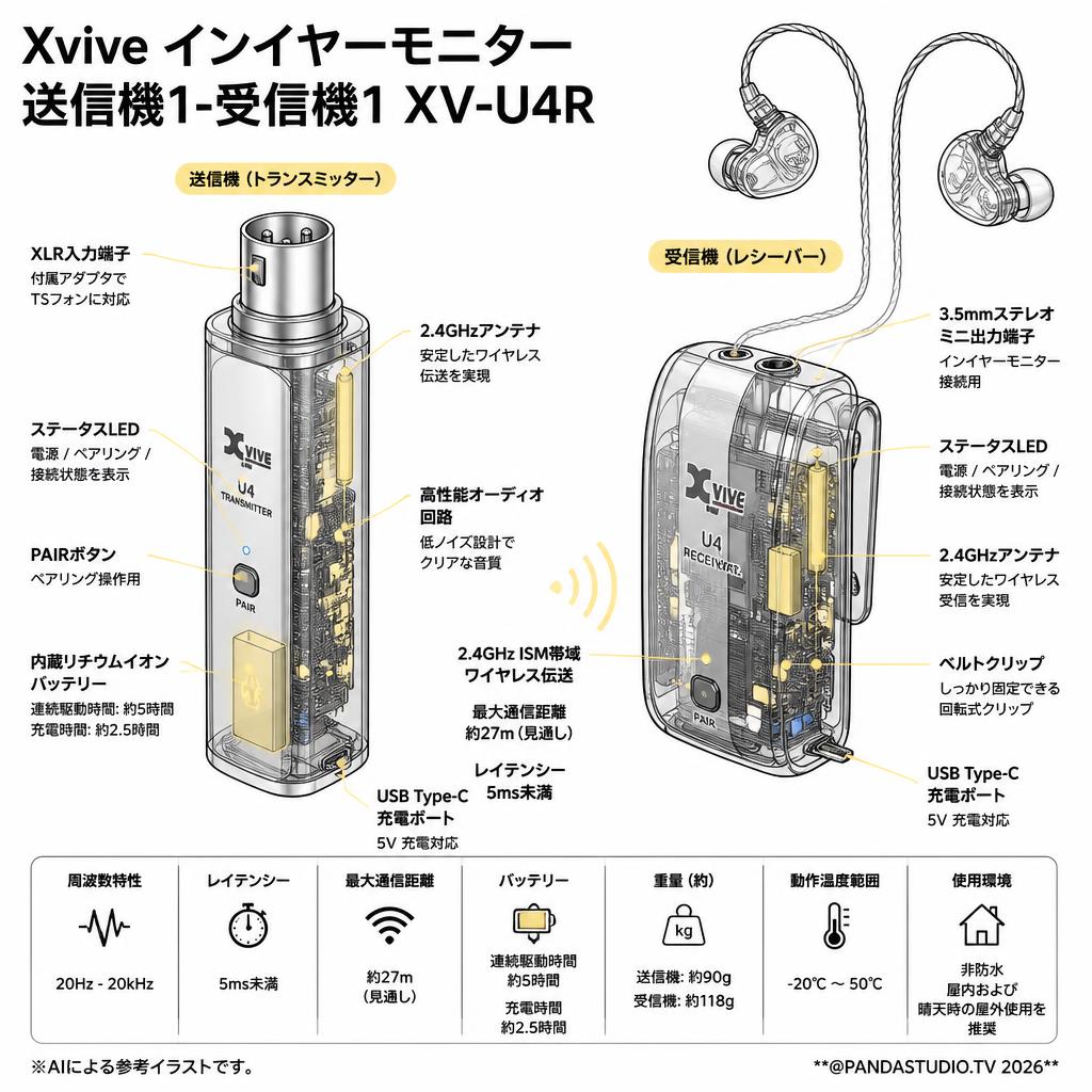 Xvive インイヤーモニター  送信機1-受信機1 XV-U4R スペック