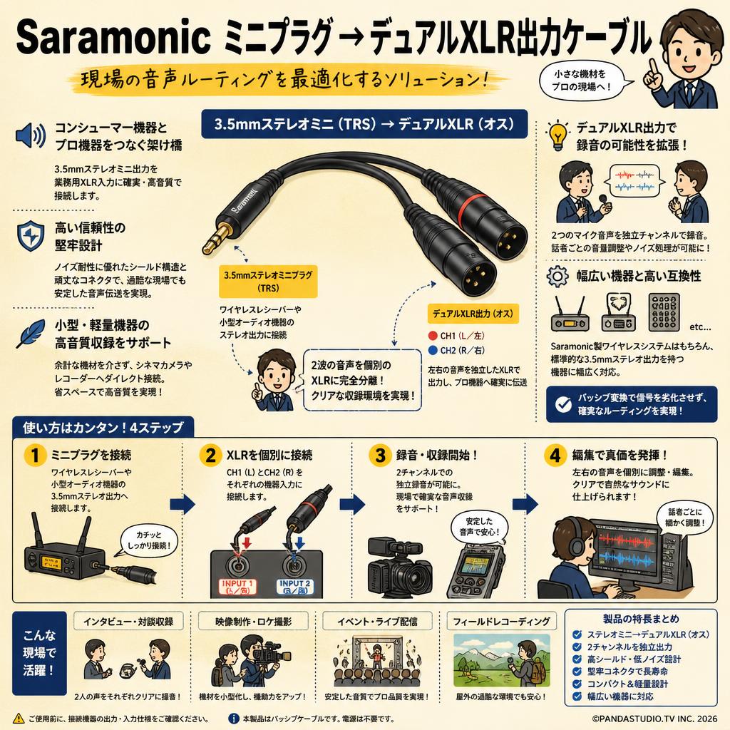 Saramonic ミニプラグ→ デュアルXLR出力ケーブル 概要