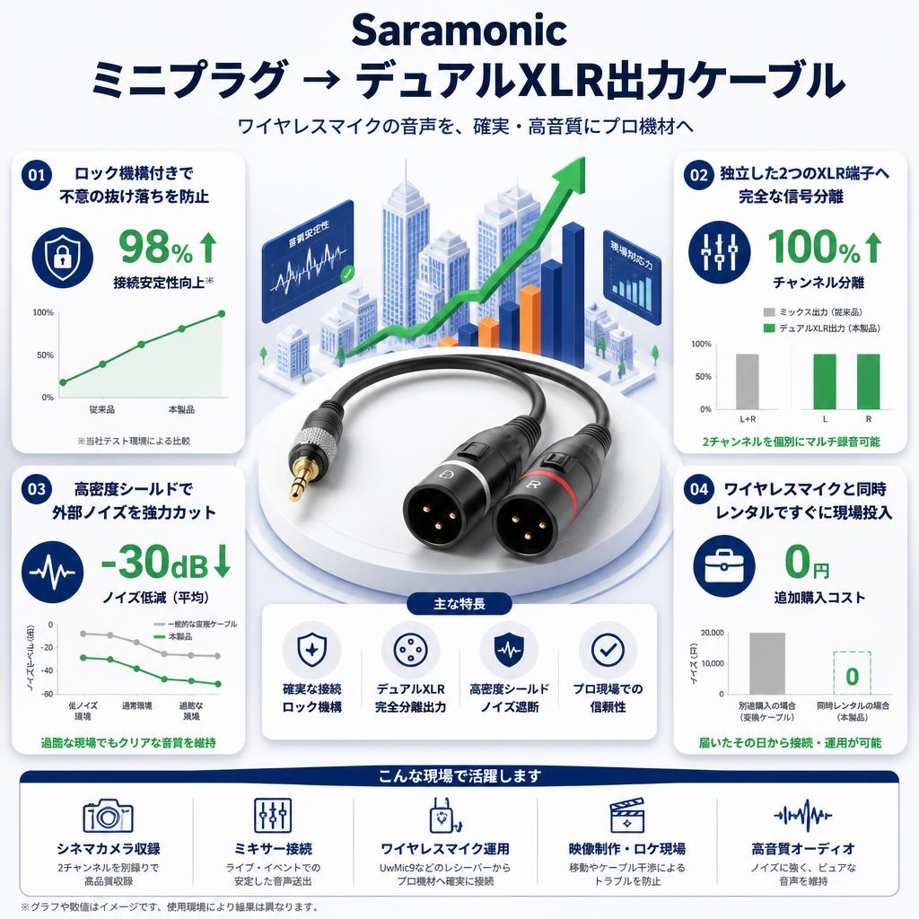 Saramonic ミニプラグ→ デュアルXLR出力ケーブル セールスポイント