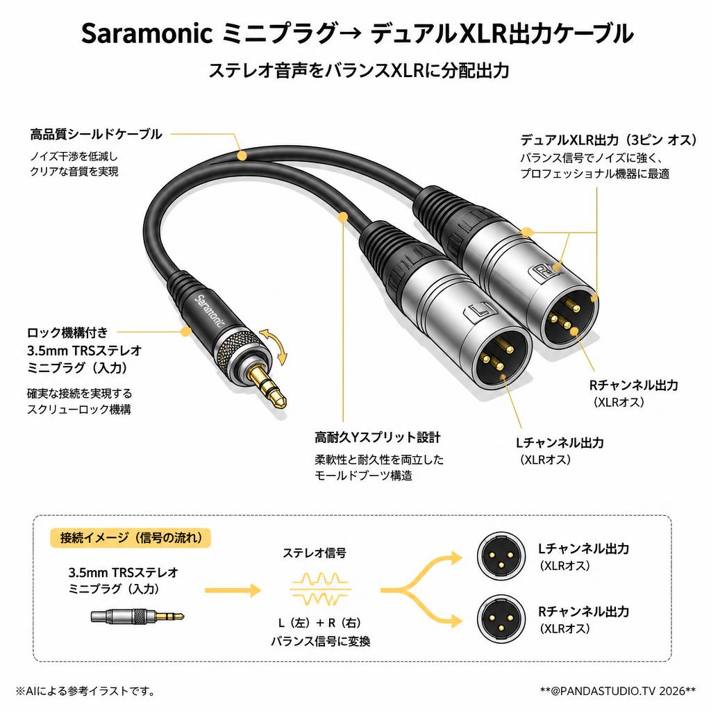 Saramonic ミニプラグ→ デュアルXLR出力ケーブル スペック