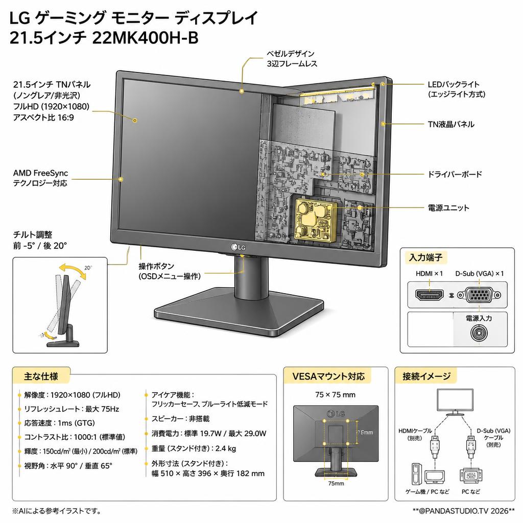 LG ゲーミング モニター ディスプレイ  21.5インチ 22MK400H-B スペック