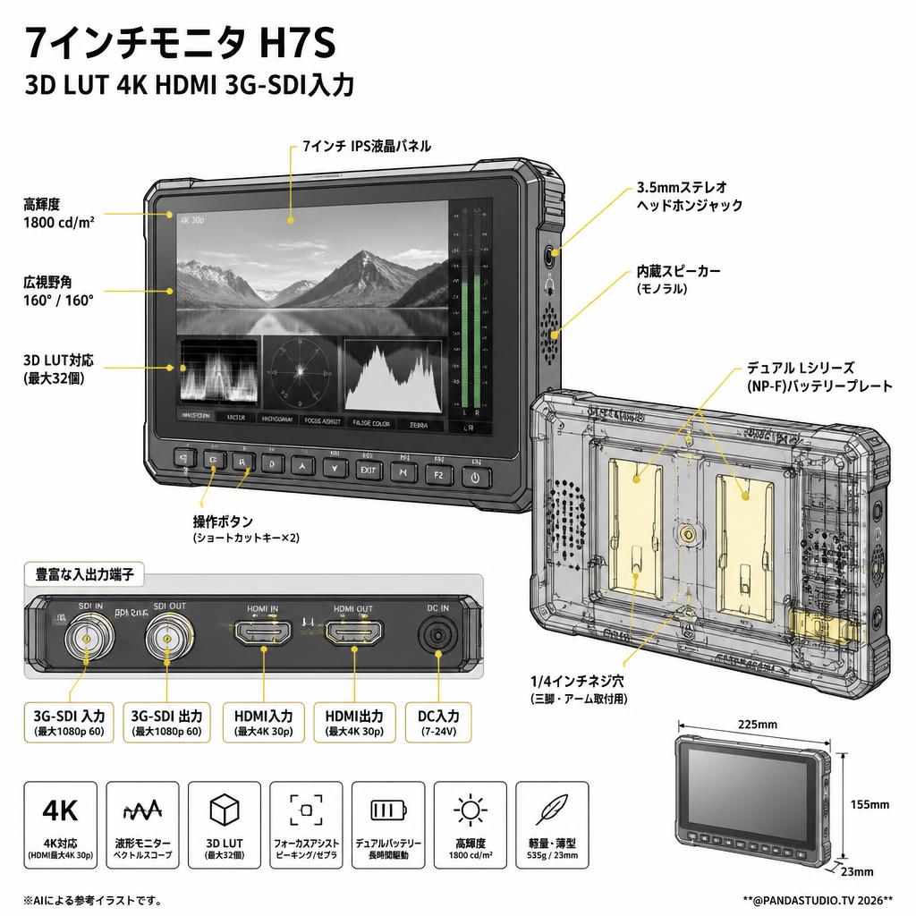 7インチモニタ H7S 3D LUT 4K HDMI 3G-SDI入力 スペック
