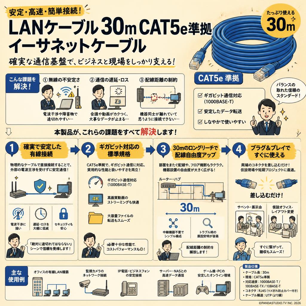 LANケーブル 30m CAT5e準拠 イーサネットケーブル 概要