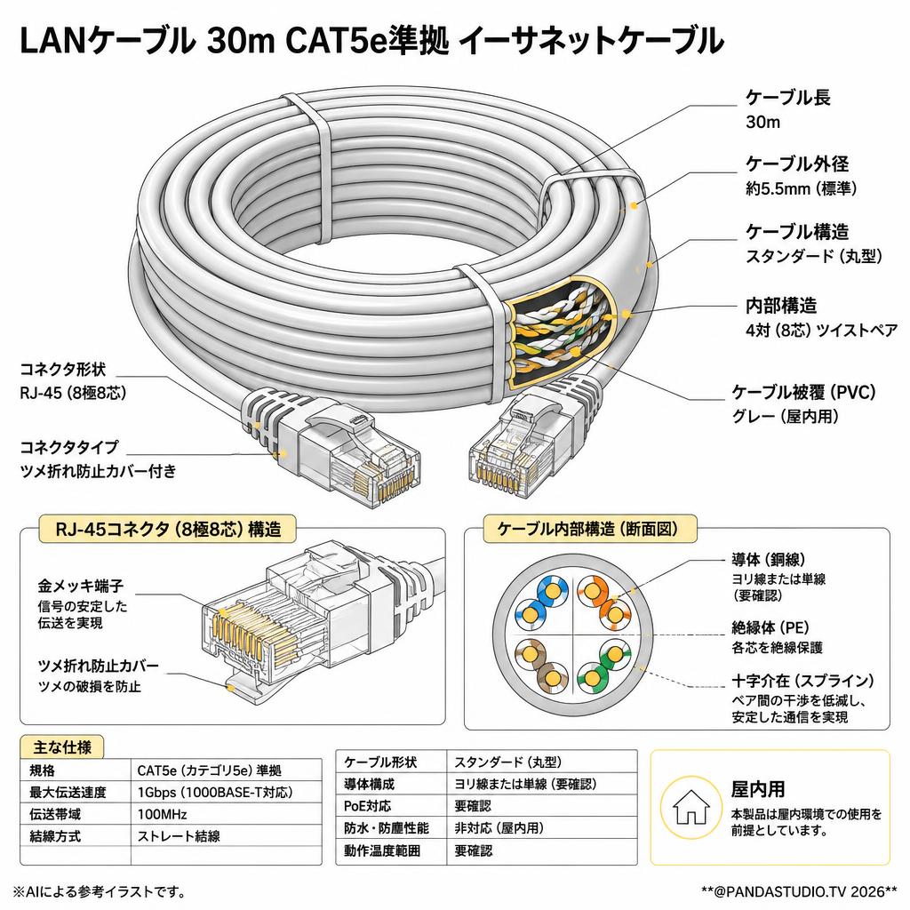 LANケーブル 30m CAT5e準拠 イーサネットケーブル スペック