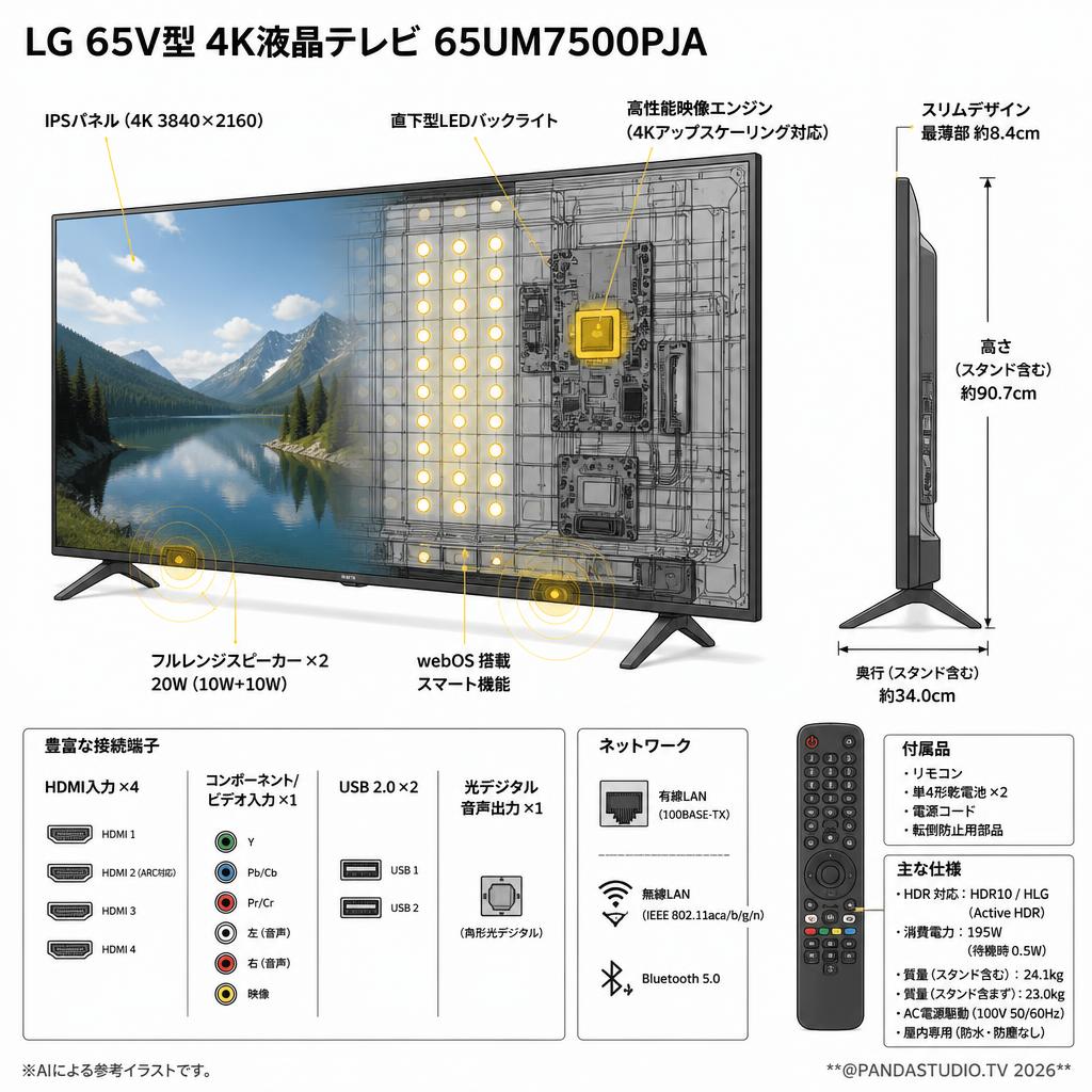 LG 65V型 4K液晶テレビ 65UM7500PJA【宅配便発送不可/チャーター便配送（23区内）】 スペック
