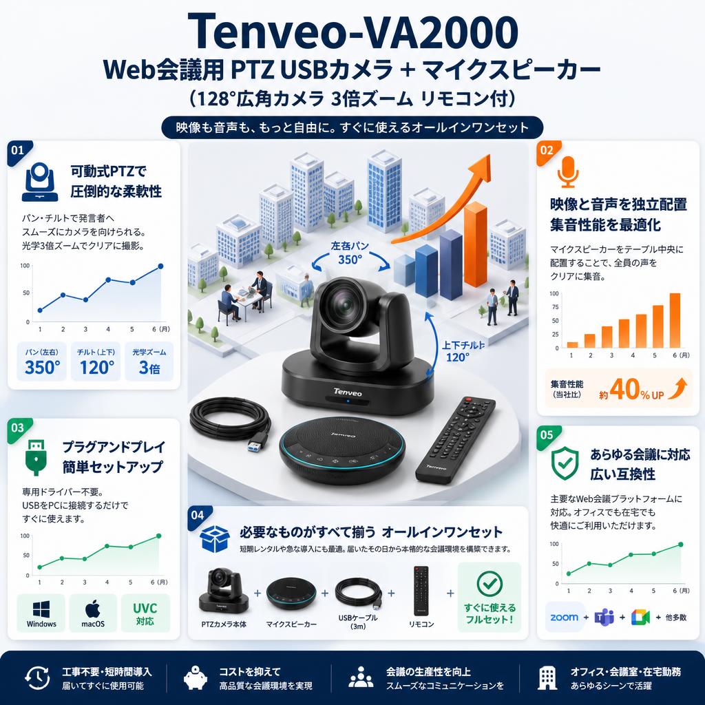 Tenveo-VA2000 Web会議用 PTZ USBカメラ ＋ マイクスピーカー （128°広角カメラ 3倍ズーム リモコン付） セールスポイント
