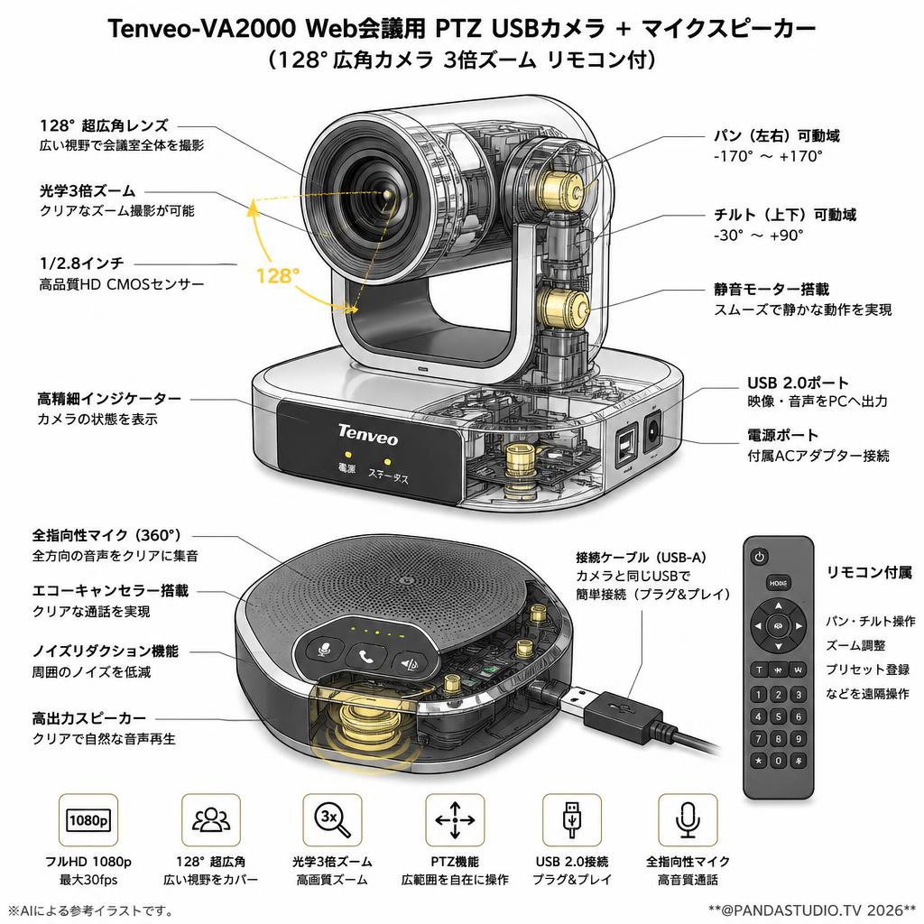 Tenveo-VA2000 Web会議用 PTZ USBカメラ ＋ マイクスピーカー （128°広角カメラ 3倍ズーム リモコン付） スペック