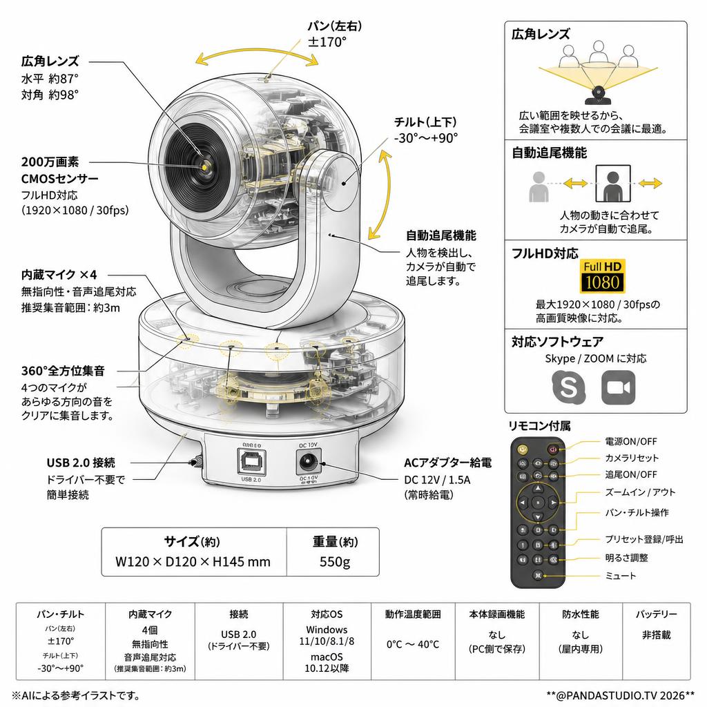 WEB会議カメラ 広角 自動追尾型マイク搭載 フルHD対応 リモコン付 Skype ZOOM対応 EZ4-CAM072 スペック