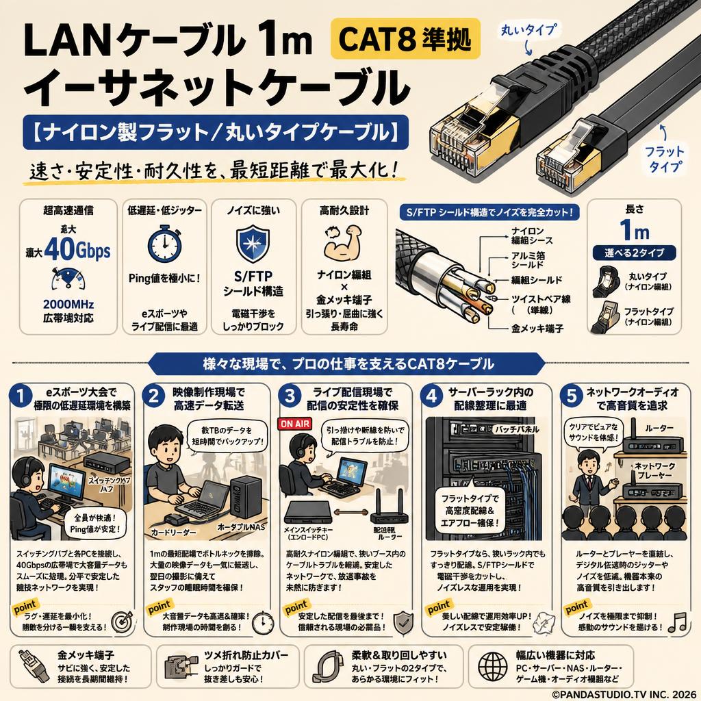 LANケーブル1m CAT8準拠 イーサネットケーブル  【ナイロン製フラット/丸いタイプケーブル】 用途