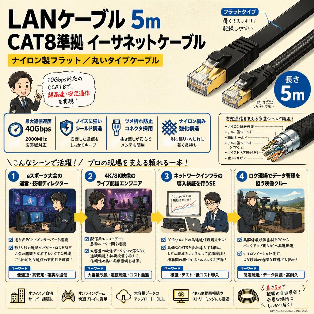LANケーブル5m CAT8準拠 イーサネットケーブル 【ナイロン製フラット/丸いタイプケーブル】 おもな対象のお客様