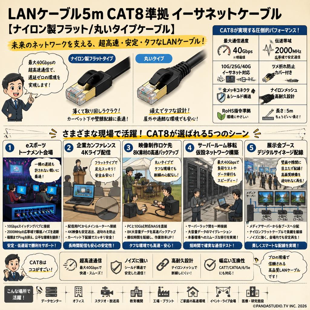 LANケーブル5m CAT8準拠 イーサネットケーブル 【ナイロン製フラット/丸いタイプケーブル】 用途