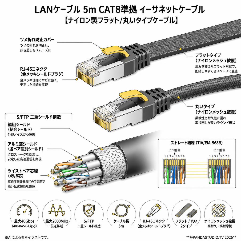LANケーブル5m CAT8準拠 イーサネットケーブル 【ナイロン製フラット/丸いタイプケーブル】 スペック