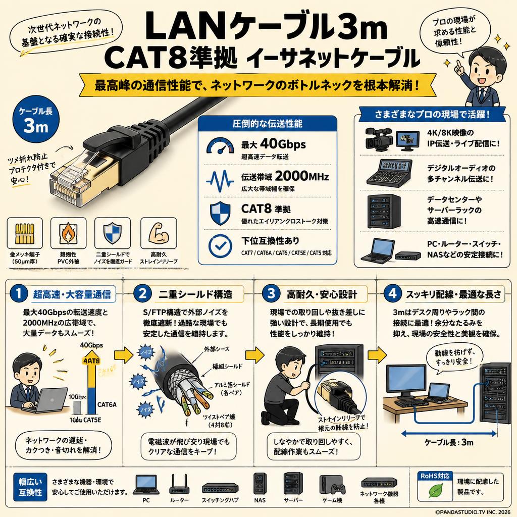 LANケーブル3m CAT8準拠 イーサネットケーブル 概要