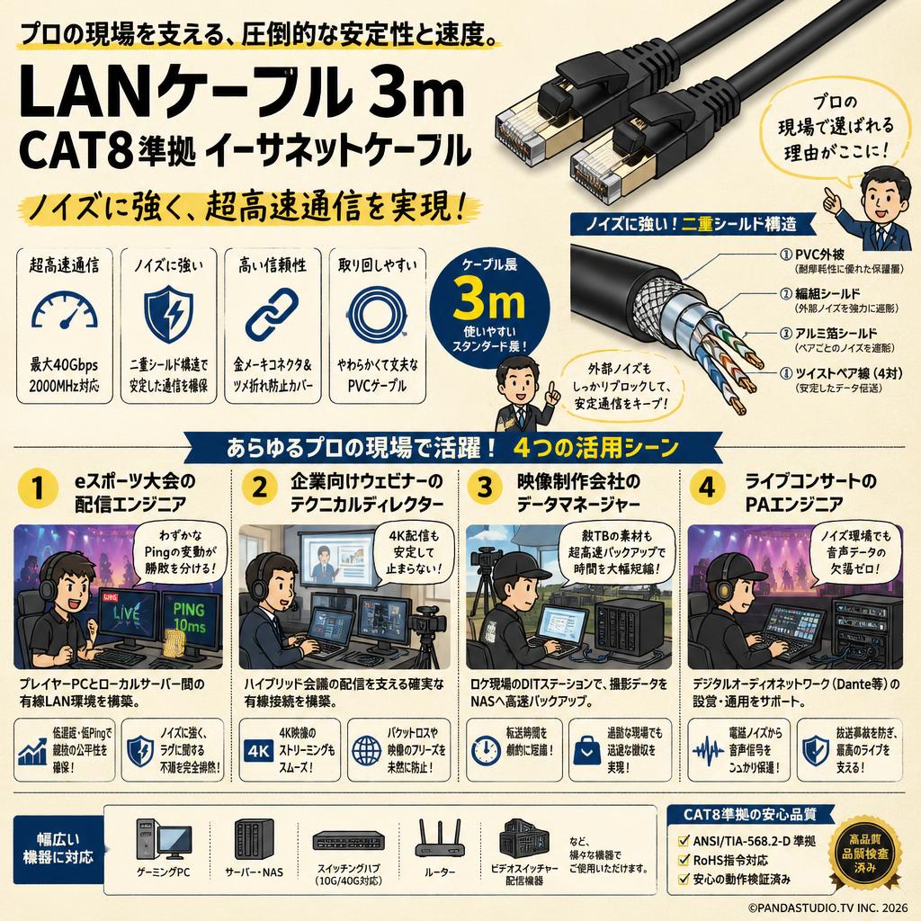 LANケーブル3m CAT8準拠 イーサネットケーブル おもな対象のお客様