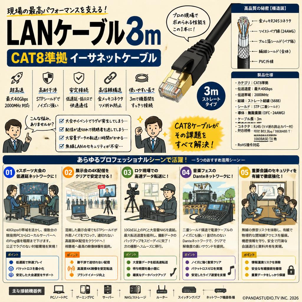 LANケーブル3m CAT8準拠 イーサネットケーブル 用途