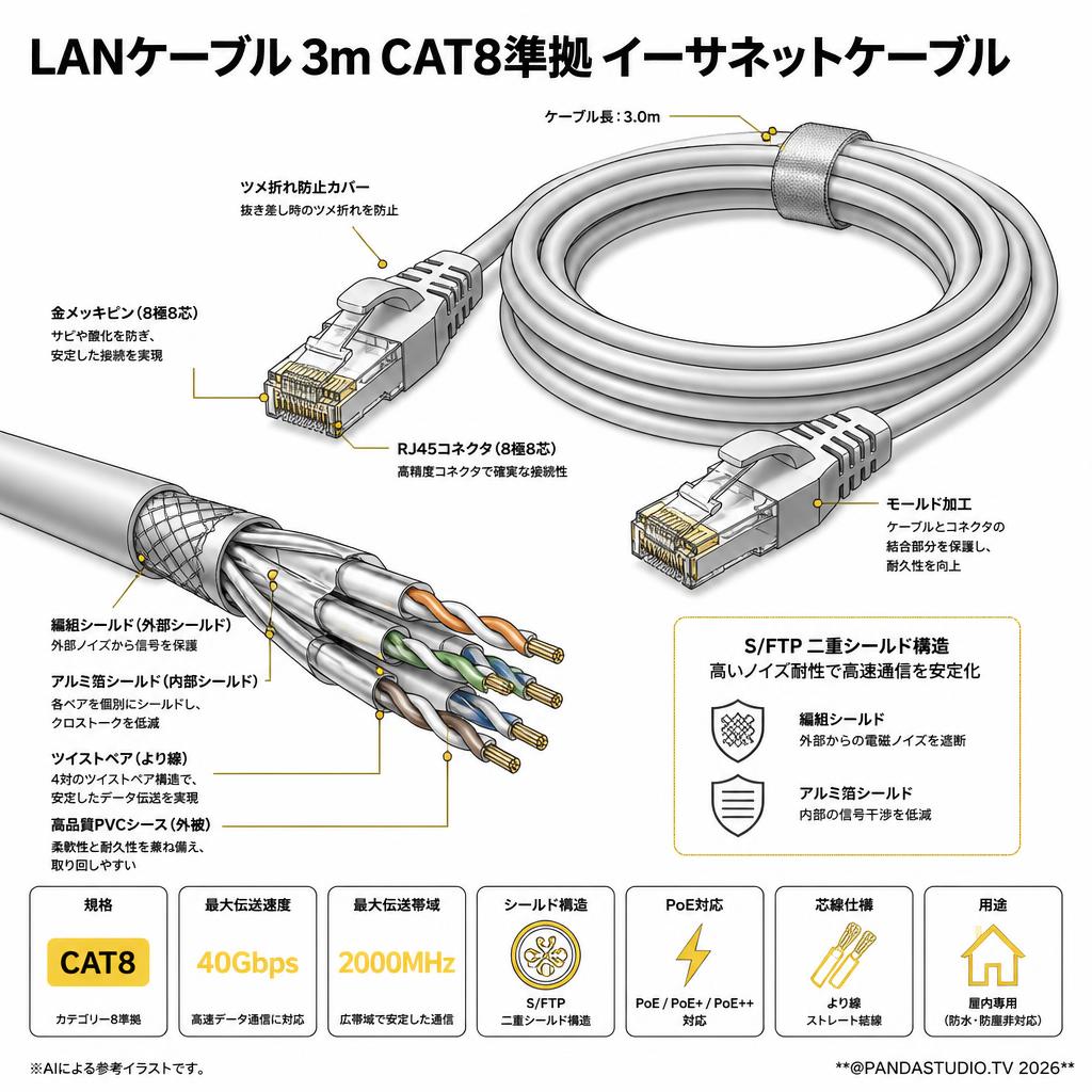 LANケーブル3m CAT8準拠 イーサネットケーブル スペック