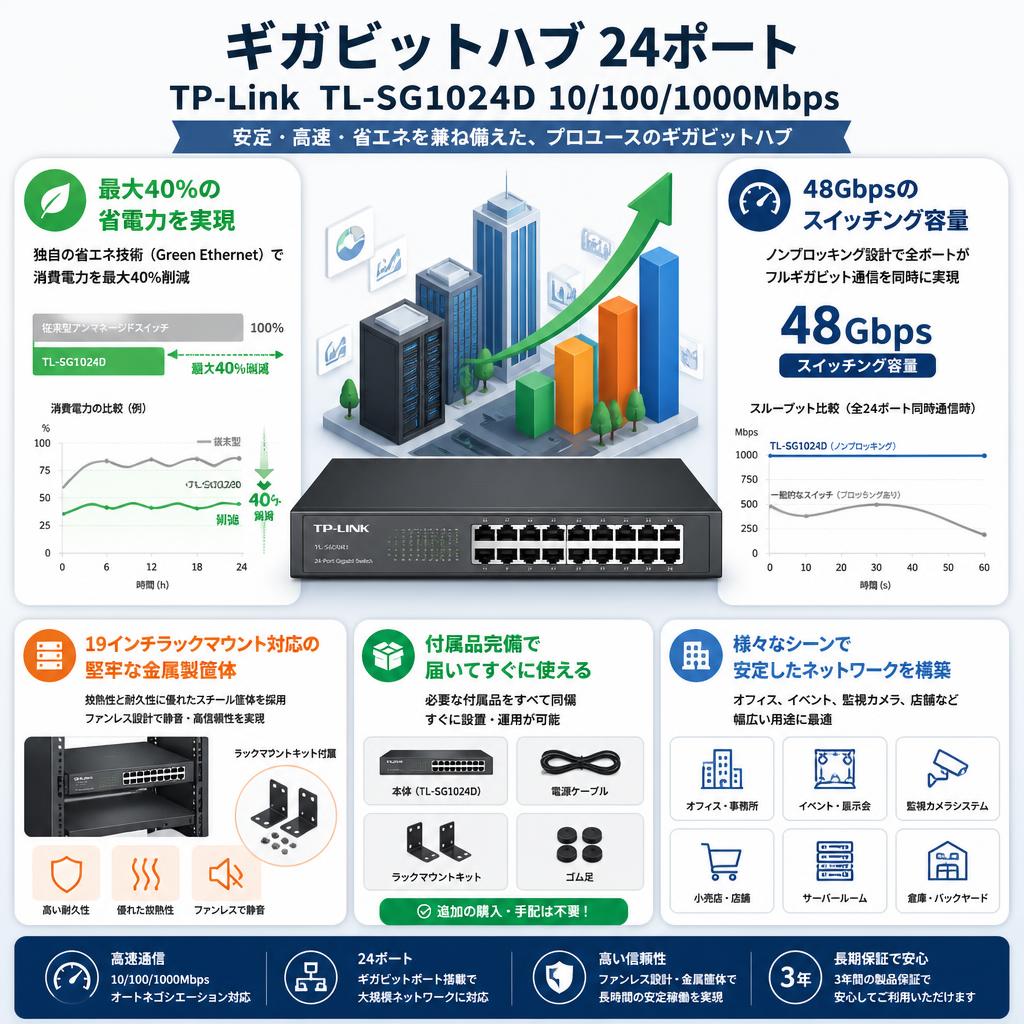 ギガビットハブ 24ポート TP-Link  TL-SG1024D 10/100/1000Mbps セールスポイント