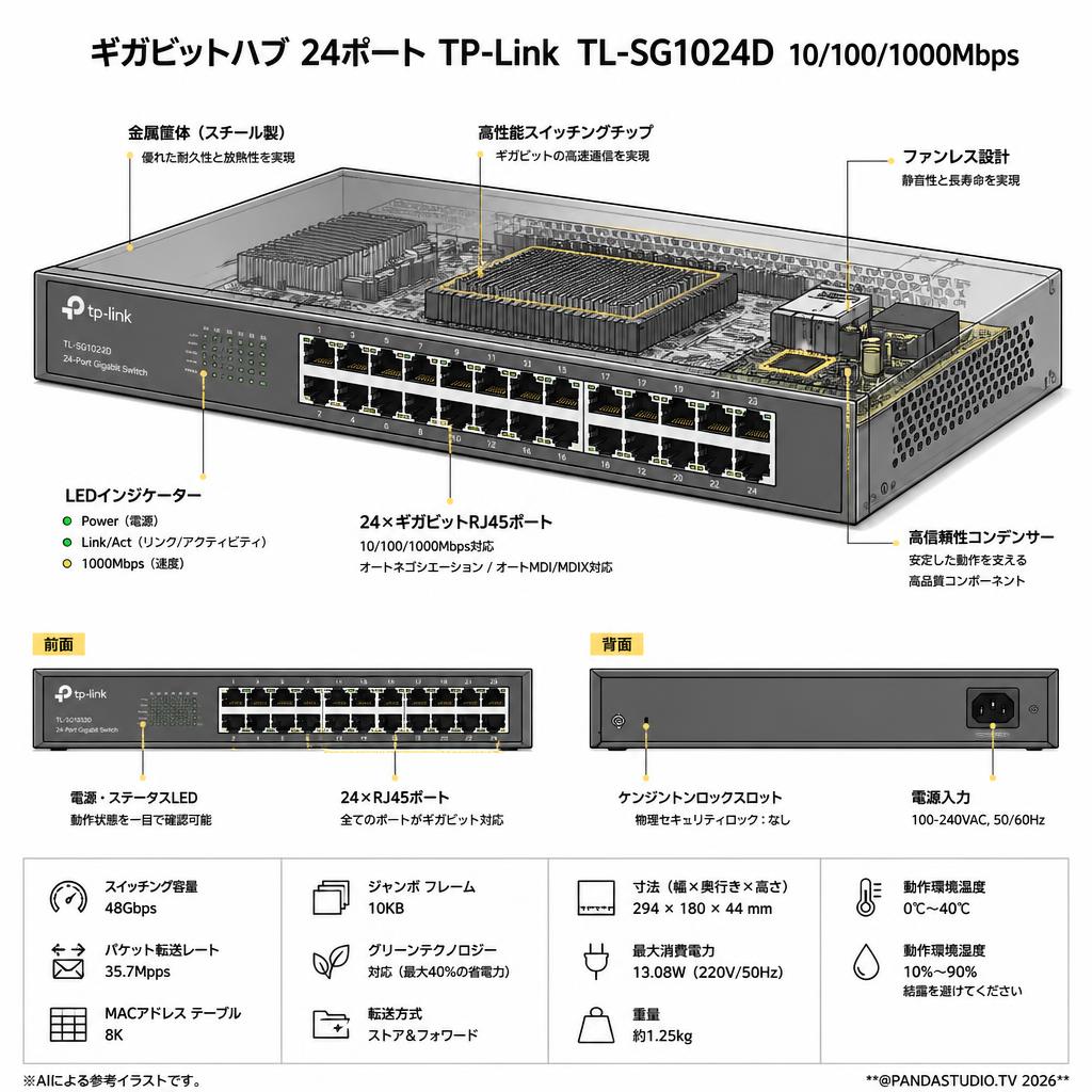 ギガビットハブ 24ポート TP-Link  TL-SG1024D 10/100/1000Mbps スペック
