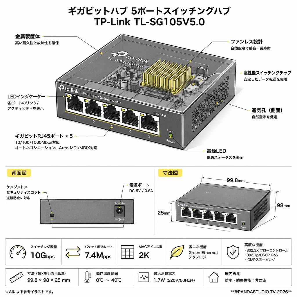 ギガビットハブ 5ポートスイッチングハブ TP-Link TL-SG105V5.0 スペック