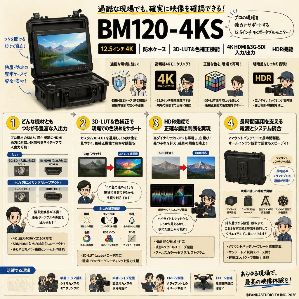 BM120-4KS 12.5インチ 4Kポータブルモニター 防水ケース 3D-LUT&色補正機能 4K HDMI&3G-SDI入力/出力 HDR機能 概要
