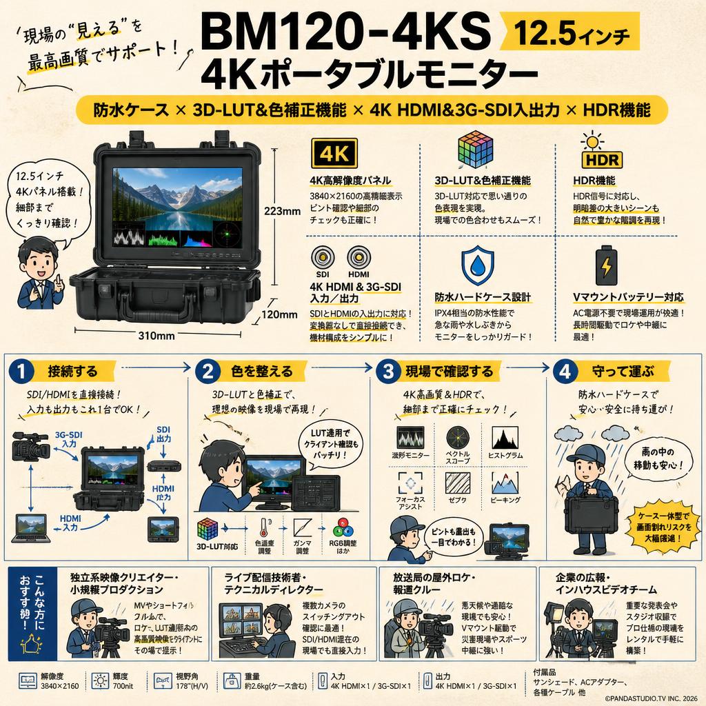 BM120-4KS 12.5インチ 4Kポータブルモニター 防水ケース 3D-LUT&色補正機能 4K HDMI&3G-SDI入力/出力 HDR機能 おもな対象のお客様