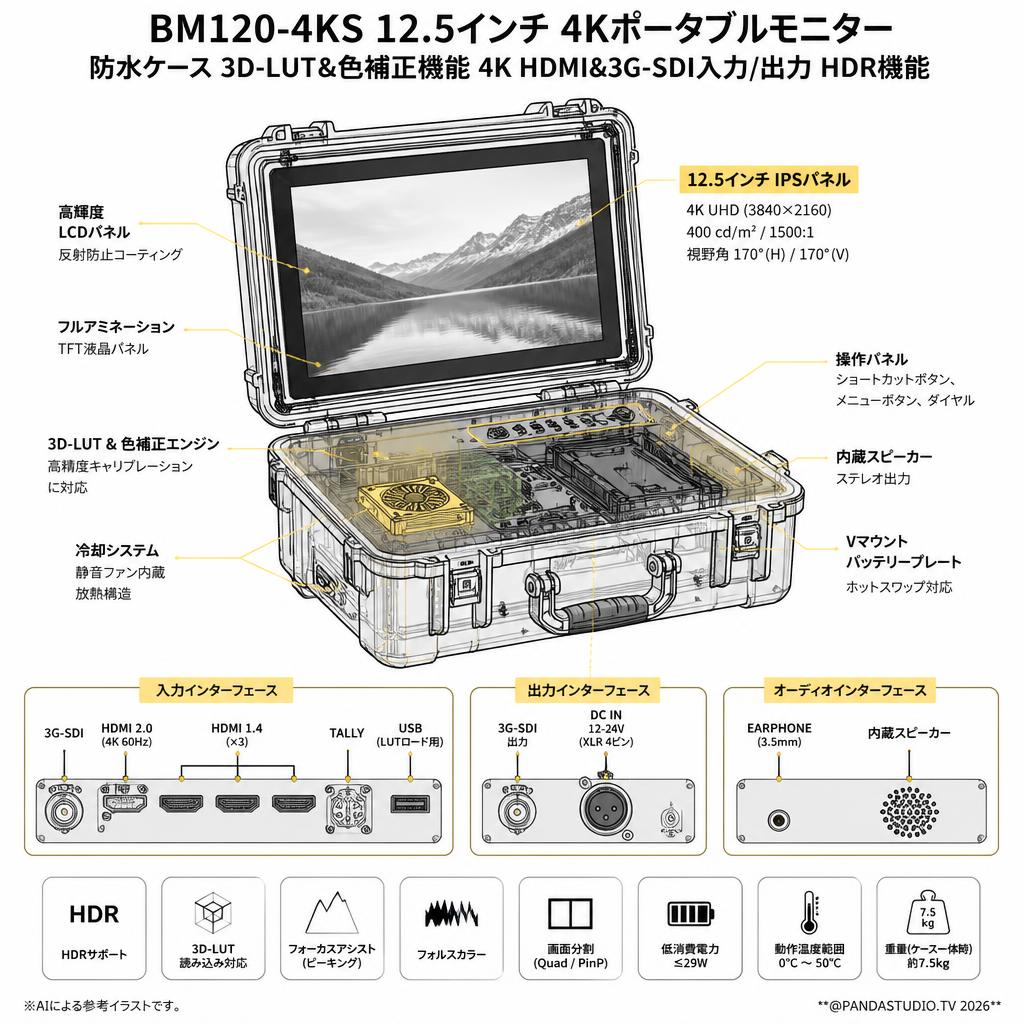 BM120-4KS 12.5インチ 4Kポータブルモニター 防水ケース 3D-LUT&色補正機能 4K HDMI&3G-SDI入力/出力 HDR機能 スペック