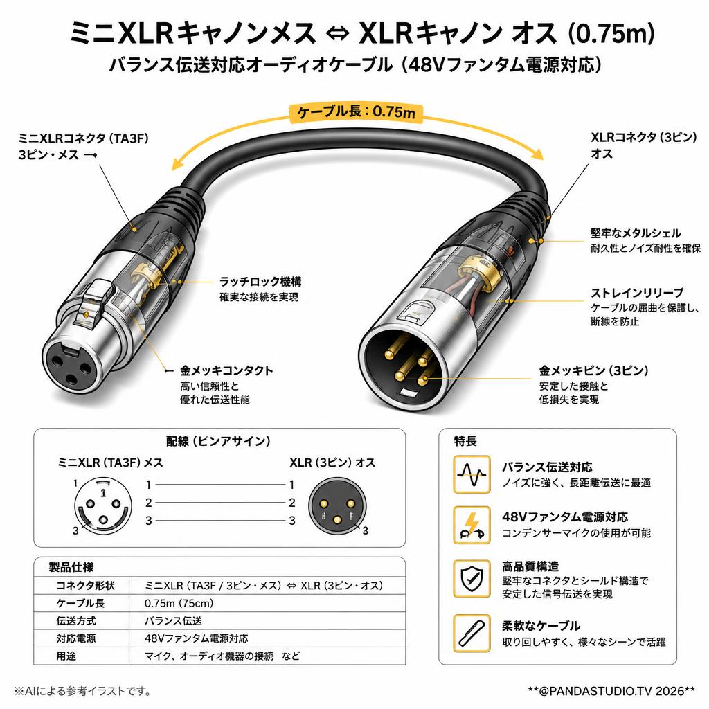 ミニXLRキャノンメス ⇔ XLRキャノン オス (0.75m) スペック