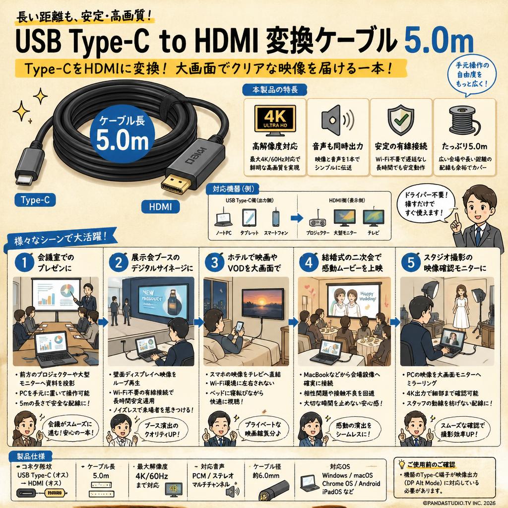 USB Type C  to HDMI  変換 ケーブル 5.0m 用途