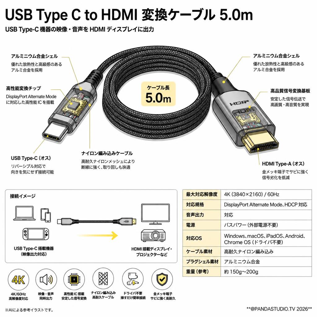 USB Type C  to HDMI  変換 ケーブル 5.0m スペック